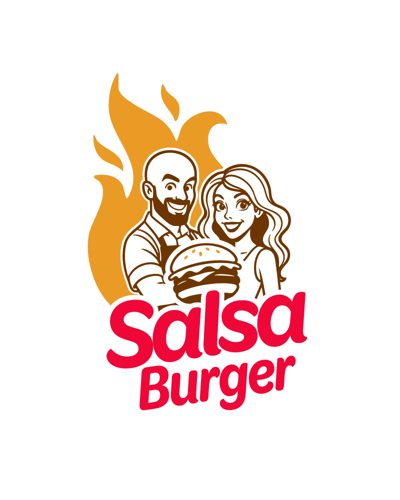 Salsa Burger logo. Twee oprichters met hamburger.